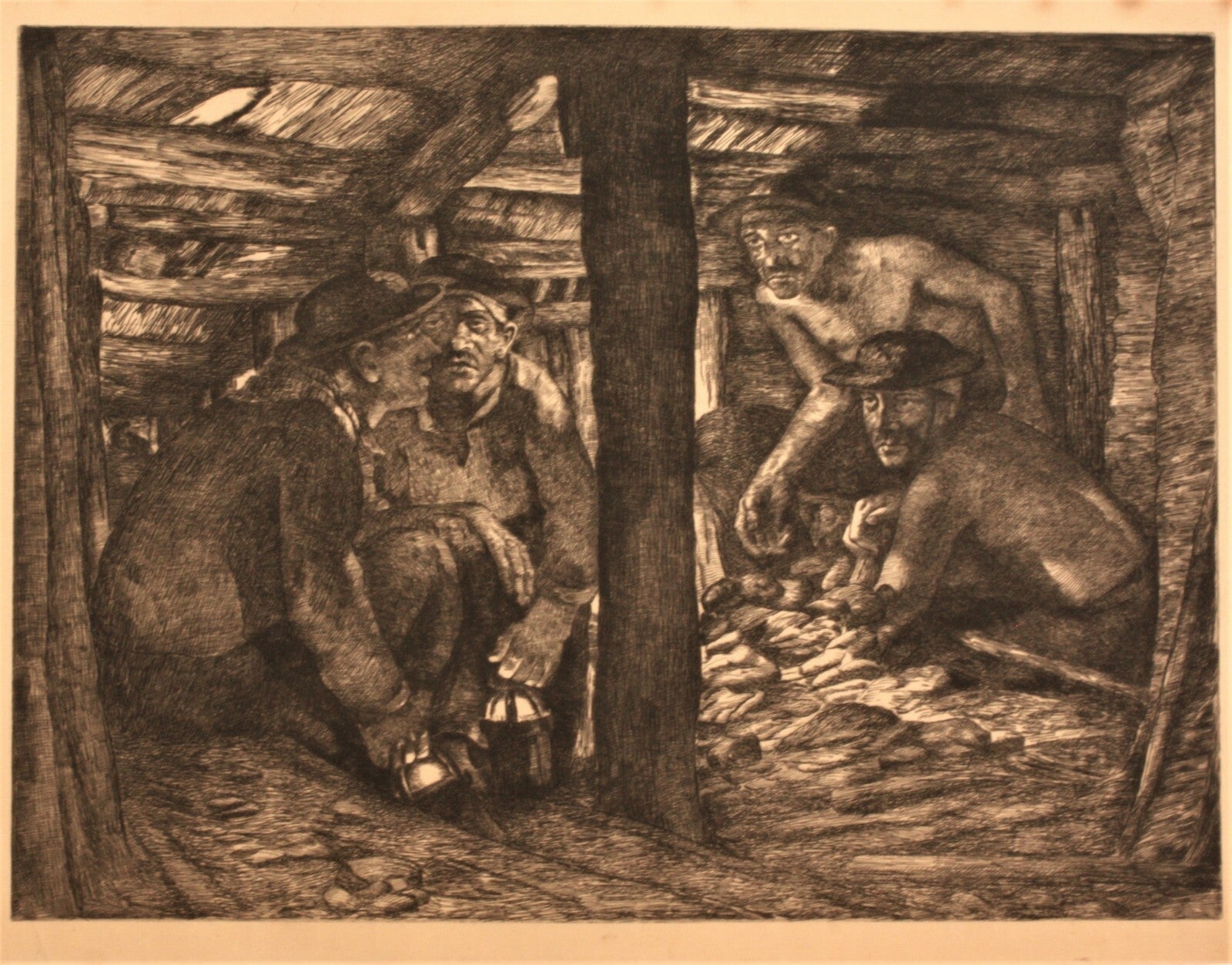 Gustave PIERRE gravure eau forte mineur travailleur Charbonnages Hensies 1937