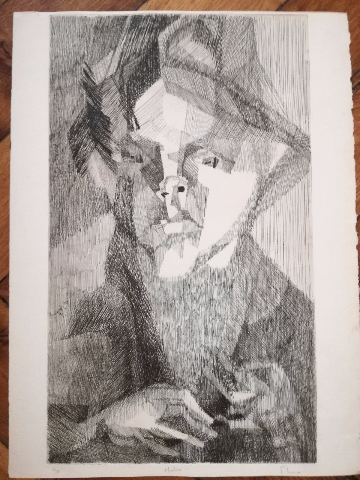 gravure Portrait auteur non identifié eau-forte style cubiste expressionniste