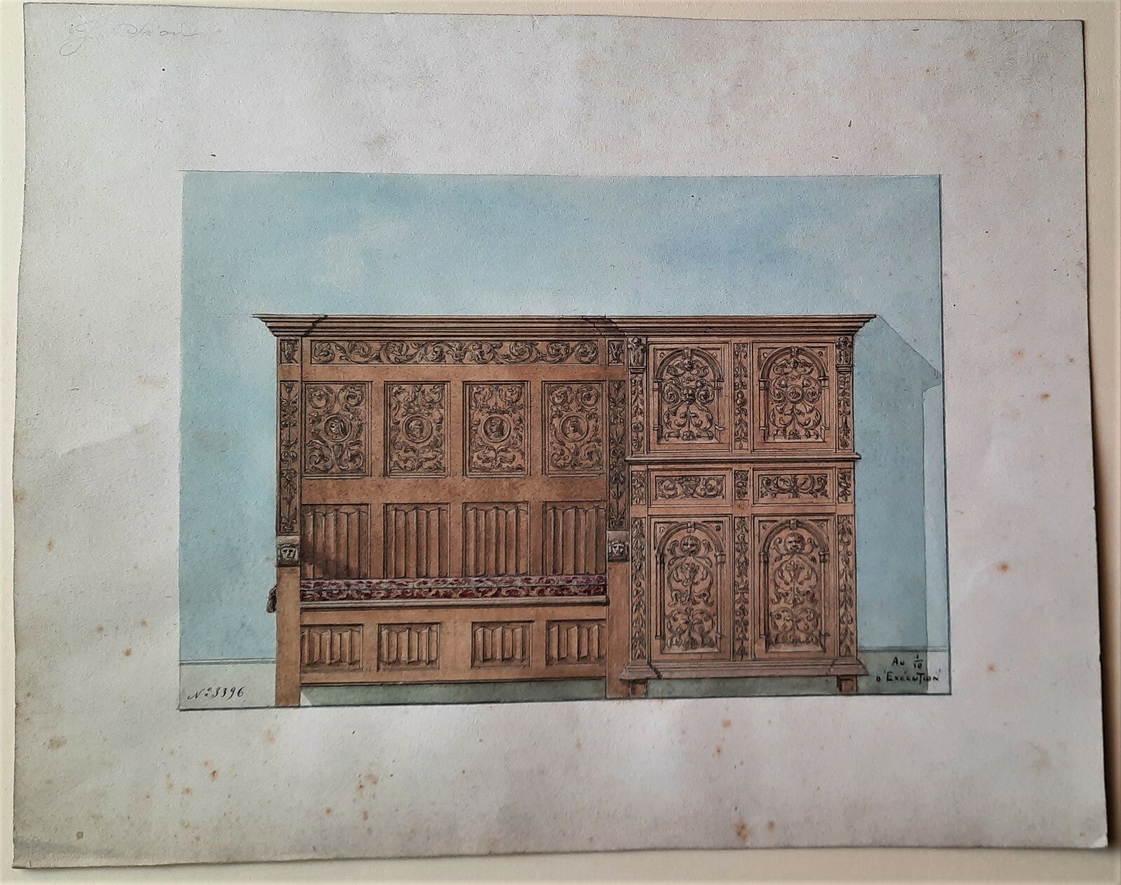Deux projets mobiliers 1925 bahut banquette bibliothèque gouache Facq Hilst 