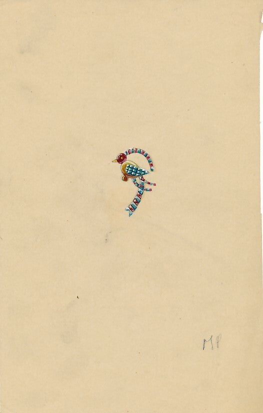 Dessins de gouaches de bijoux : bagues, broche, colliers, années 1940 6 dessins