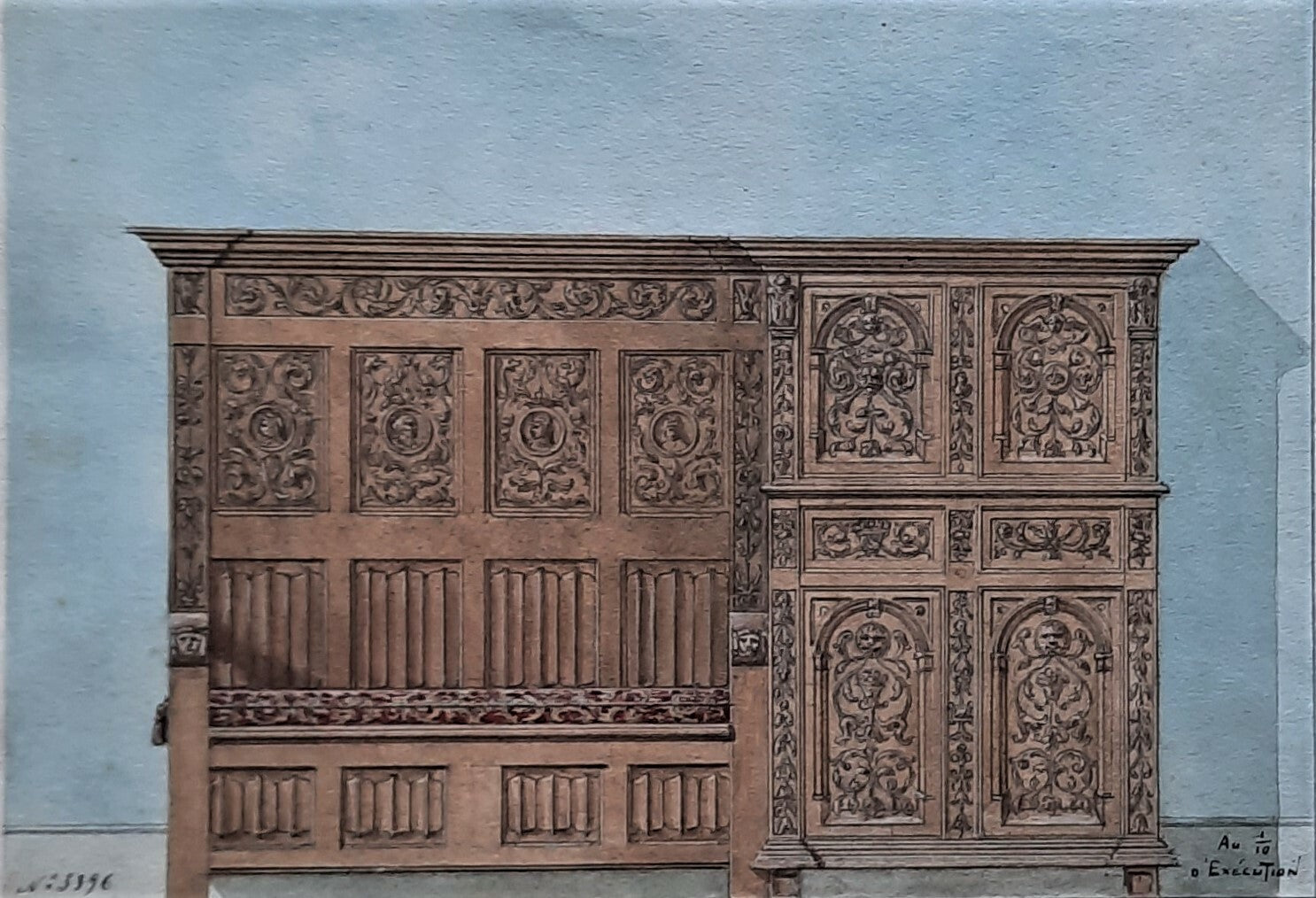 Deux projets mobiliers 1925 bahut banquette bibliothèque gouache Facq Hilst 