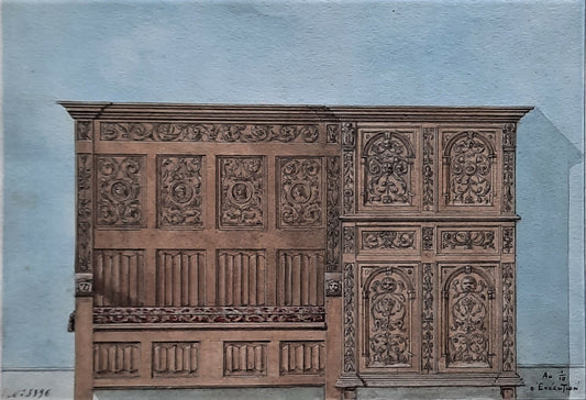 Deux projets mobiliers 1925 bahut banquette bibliothèque gouache Facq Hilst 