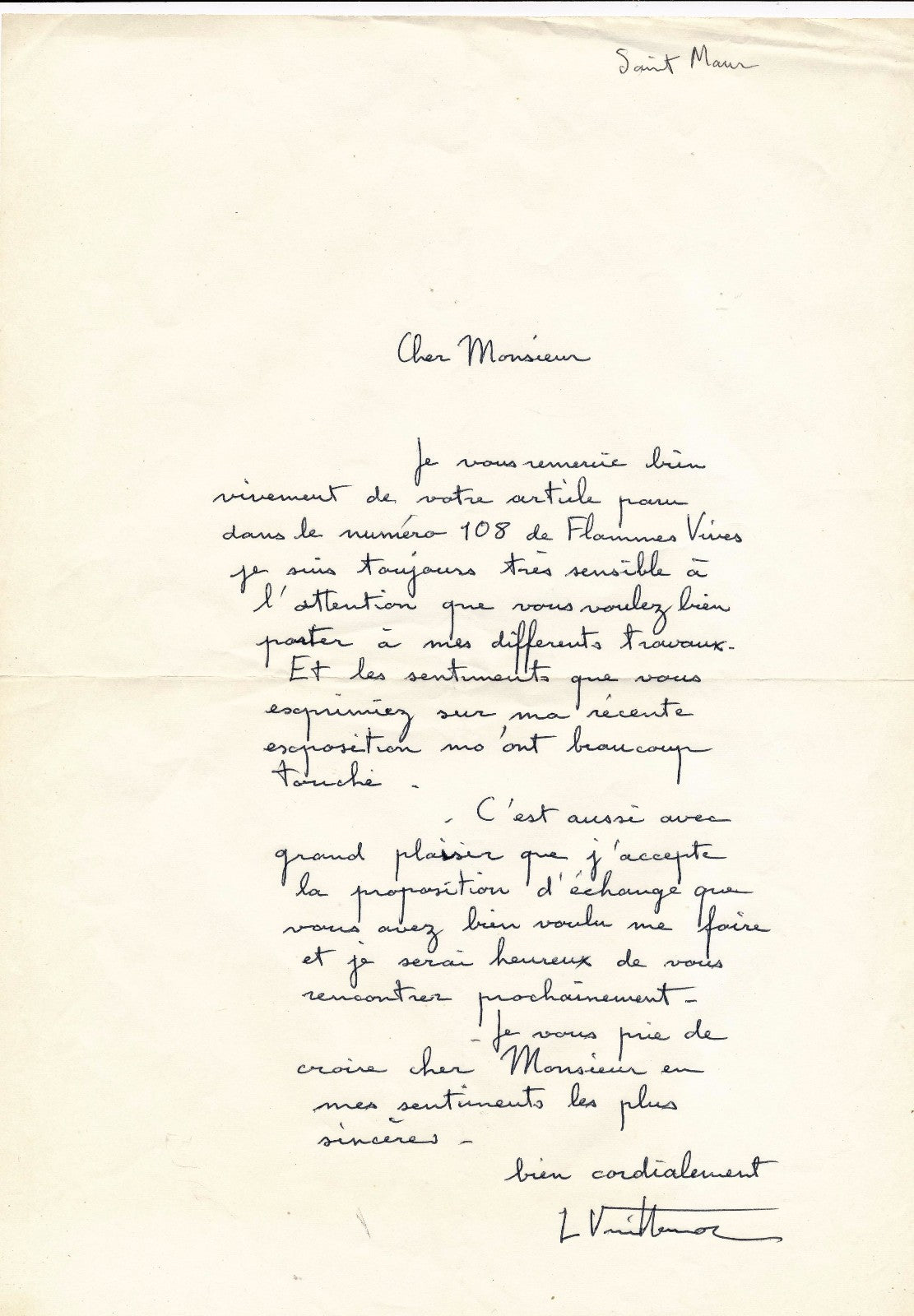 Louis Vuillermoz lithographie carte envoi lettre autographe signée peintre art