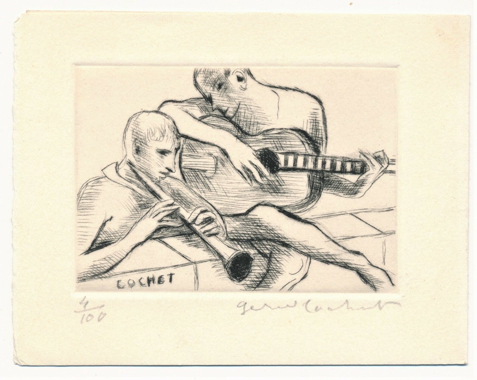 Gérard COCHET eau forte estampe gravure signée numérotée musiciens 1963