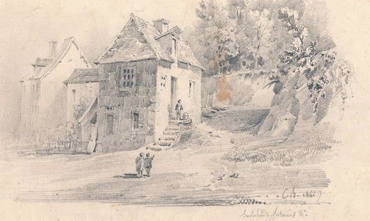 dessin crayon hameau paysage nature 1844 signé