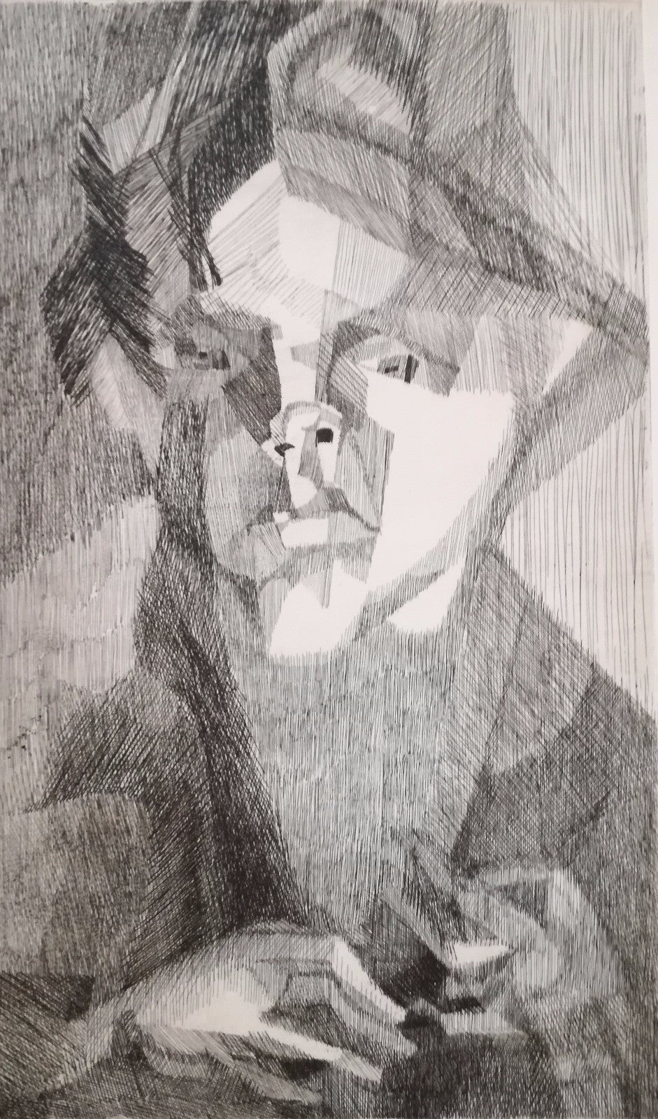 gravure Portrait auteur non identifié eau-forte style cubiste expressionniste