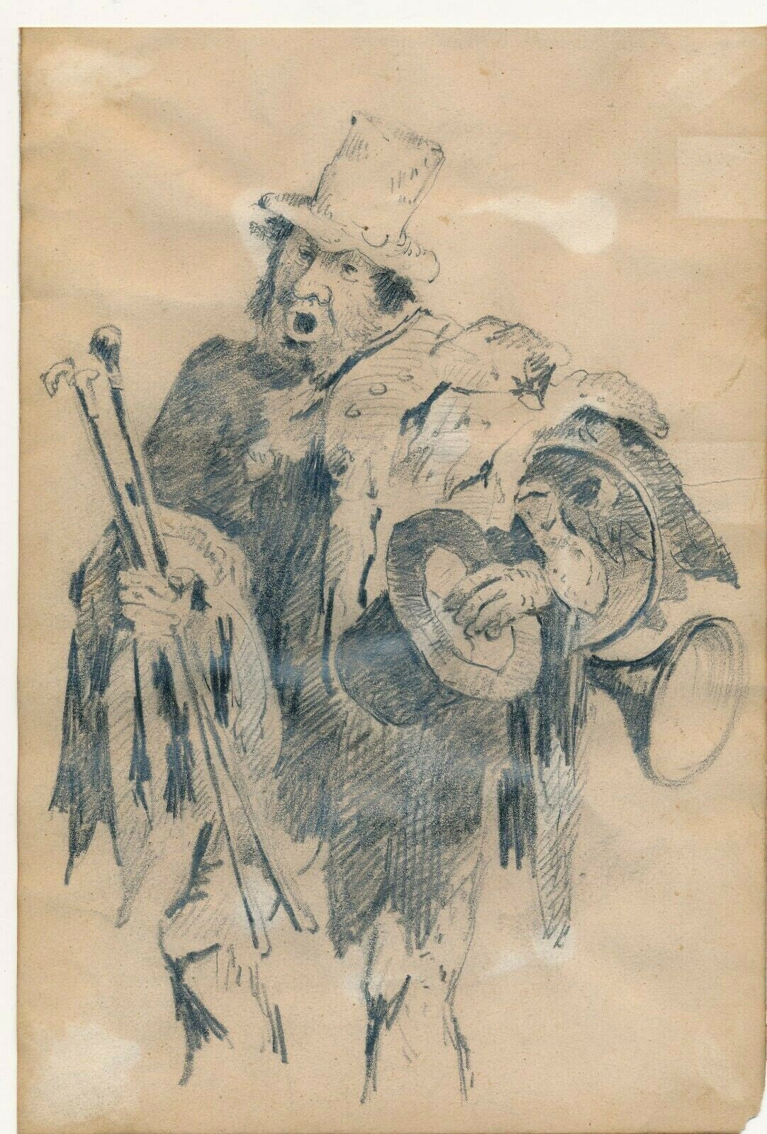 dessin crayon colporteur musicien des rues anonyme début XXe s.