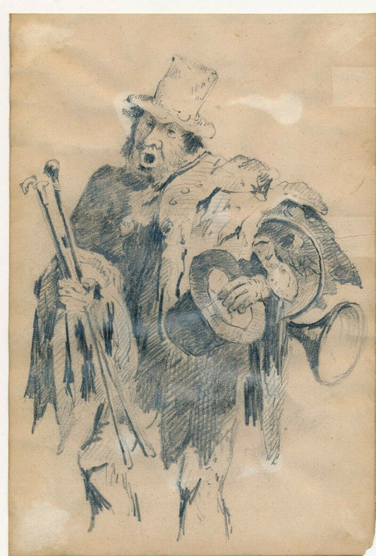 dessin crayon colporteur musicien des rues anonyme début XXe s.