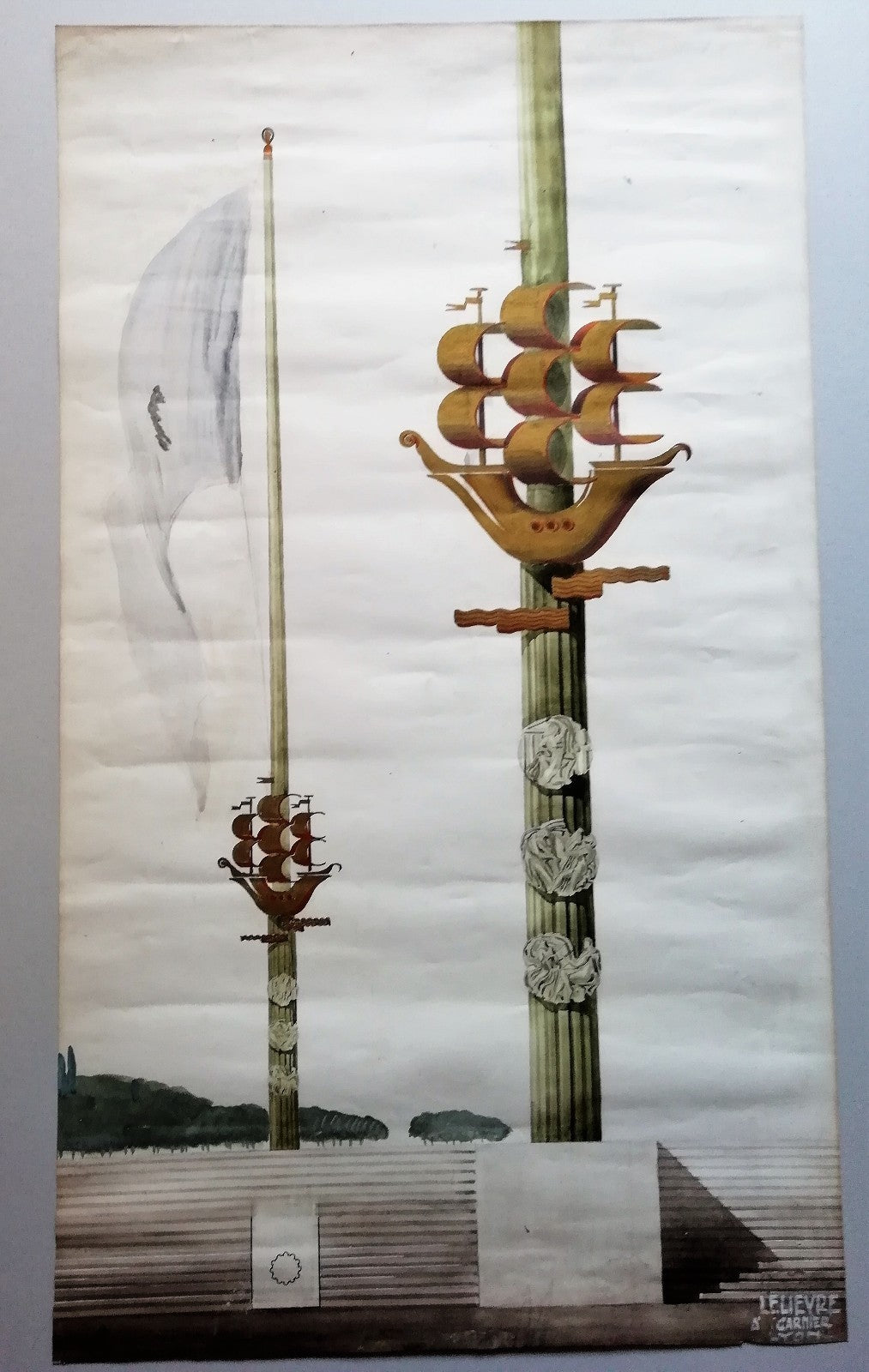 gouache Atelier Tony Garnier Lelièvre architecture moderne bas relief étendard 