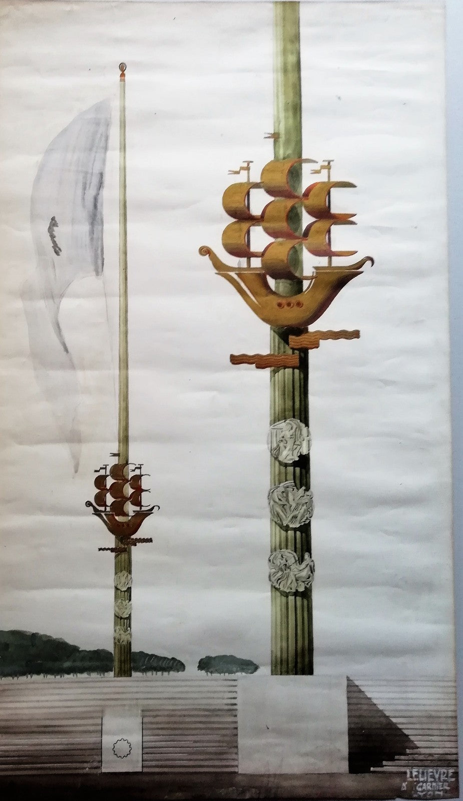 gouache Atelier Tony Garnier Lelièvre architecture moderne bas relief étendard 