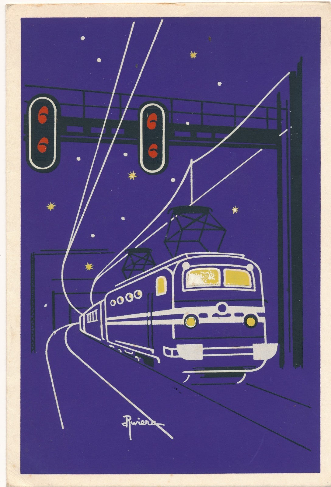 Carte de vœux Chemin de fer français 1954 lithographie Train vintage