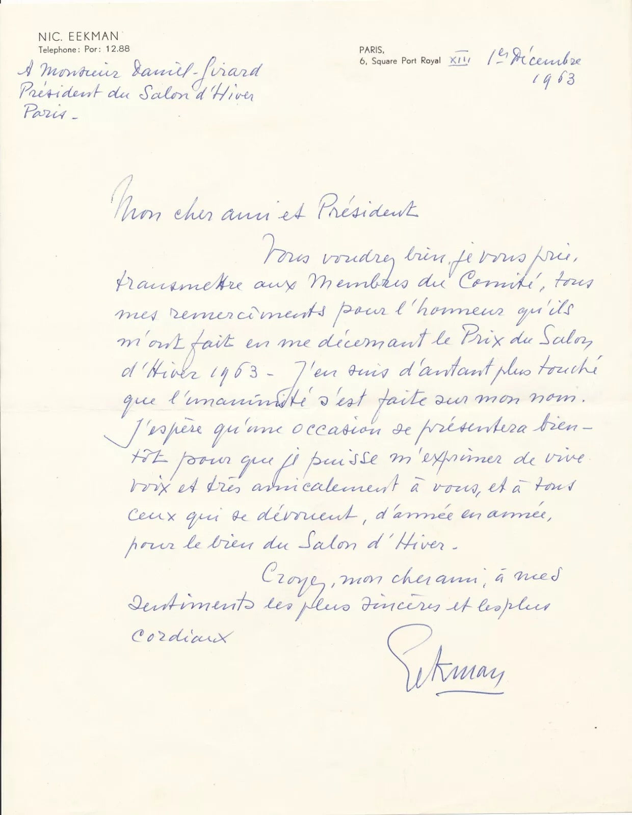 Nicolas Eekmann gravure et lettres autographes