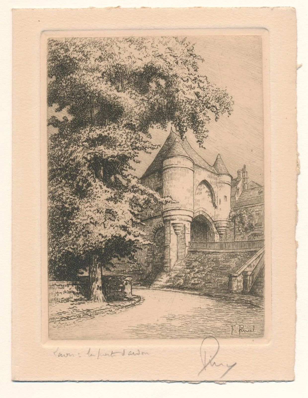 Fernand PINAL gravure porte de Laon et envoi autographe signé
