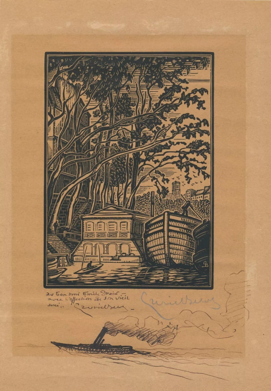 gravure sur bois signée dédicadée à Emile Drain ET dessin