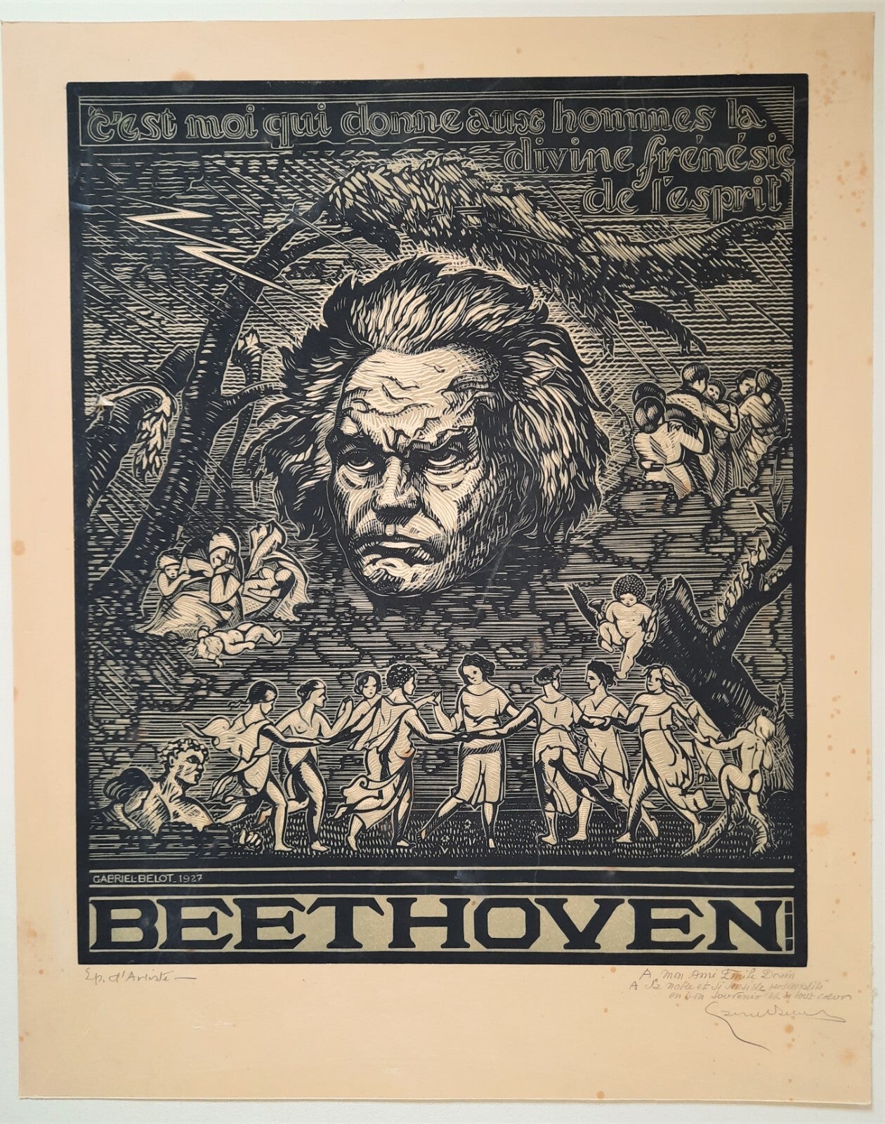 Gabriel BELOT gravure bois signée Beethoven 1927 Et lettre autographe signée