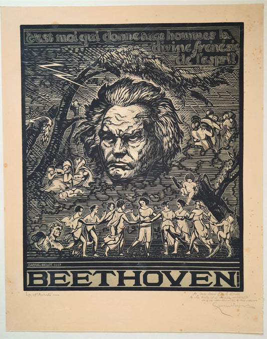 Gabriel BELOT gravure bois signée Beethoven 1927 Et lettre autographe signée