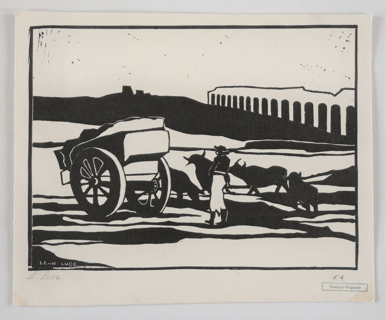  signée paysan carriole boeufs