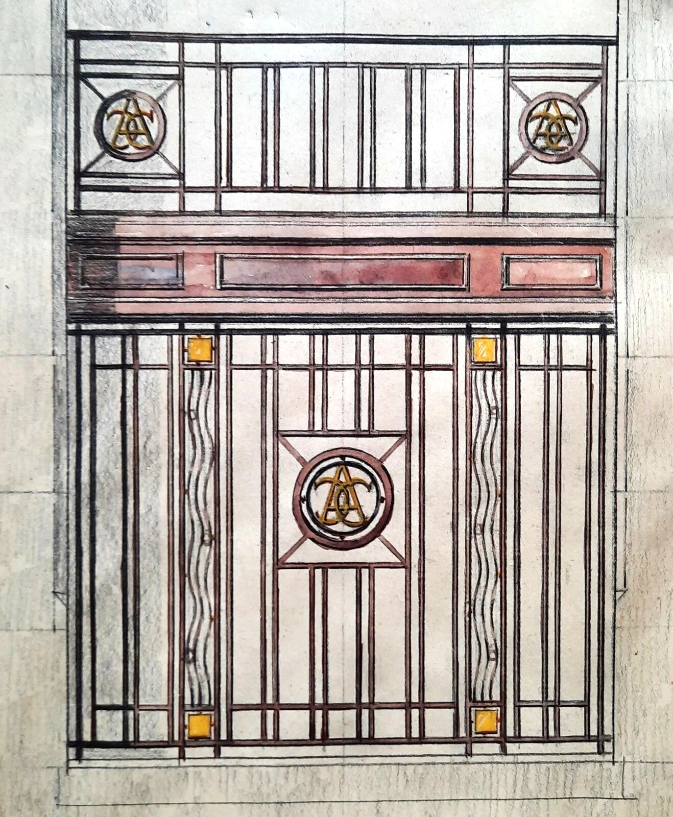 2 études de grilles en fer forgé crayon gouache dessin v. 1900