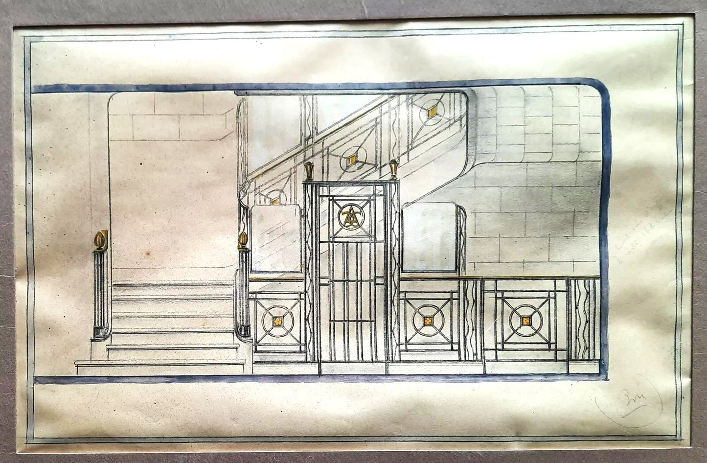 2 études de grilles en fer forgé crayon gouache dessin v. 1900