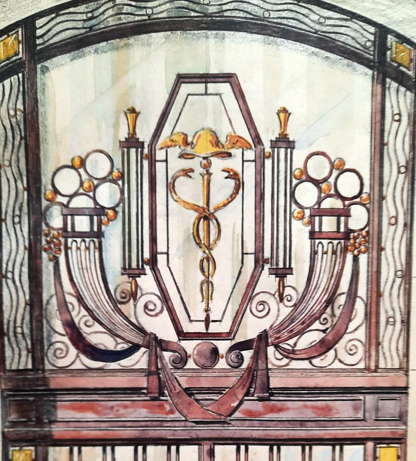 2 études de grilles en fer forgé crayon gouache dessin v. 1900