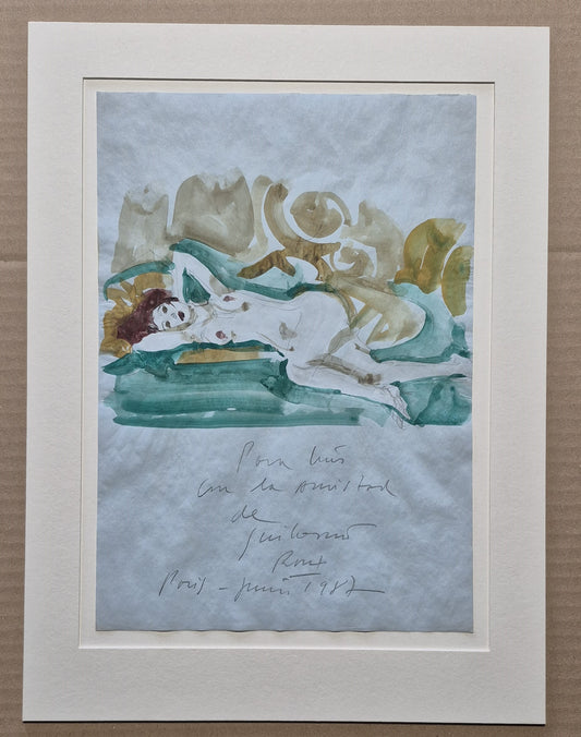 Guillermo ROUX aquarelle signée datée dédicacée femme allongée