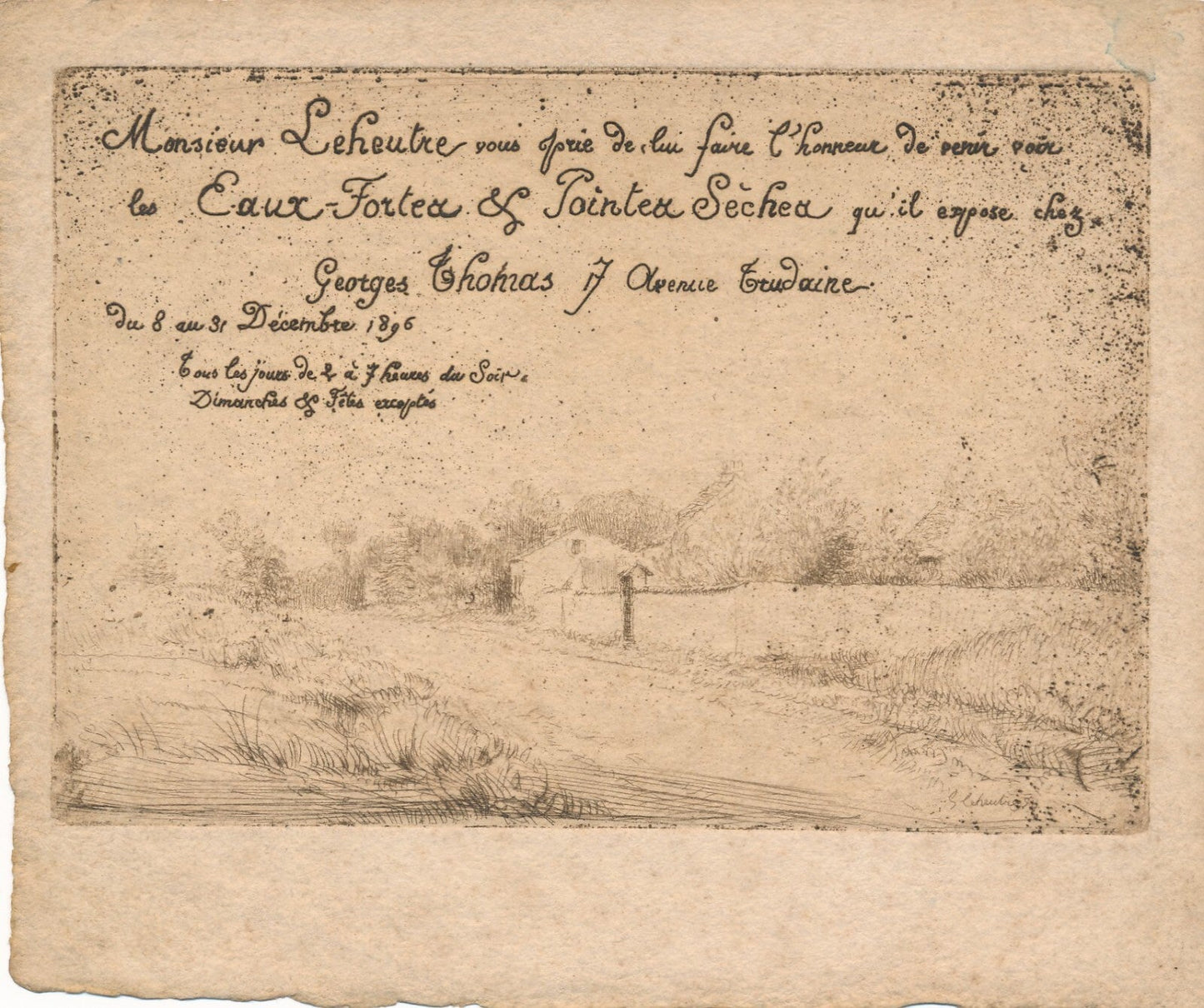 Gustave LEHEUTRE avis expos et carte de visite autographe graveur gravure