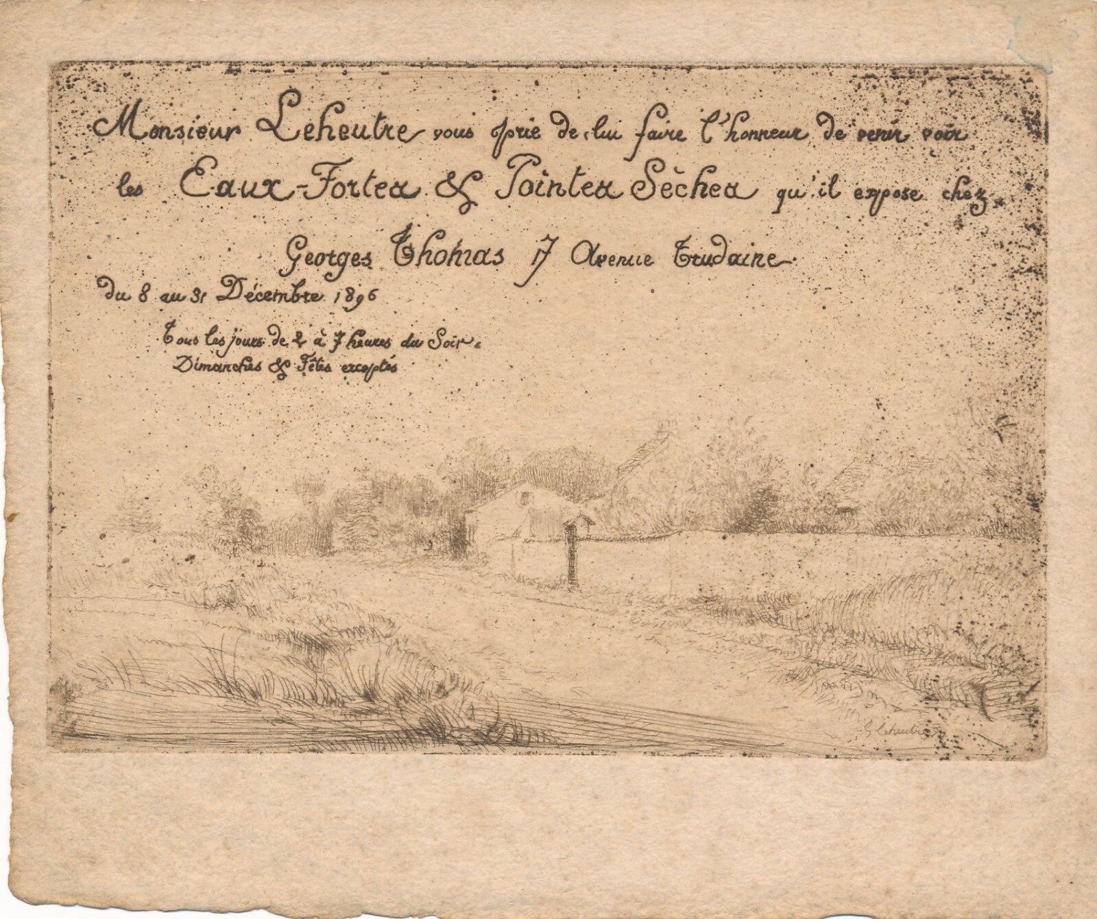 Gustave LEHEUTRE avis expos et carte de visite autographe graveur gravure