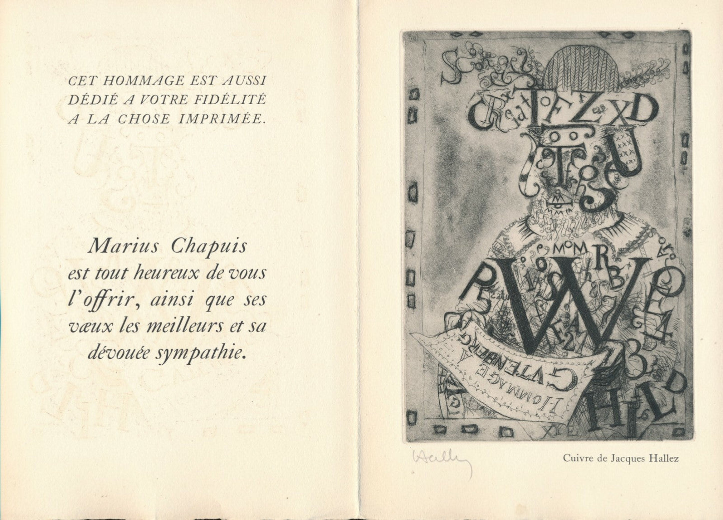 Jacques HALLEZ gravure signée Hommage à Gutenberg 1957