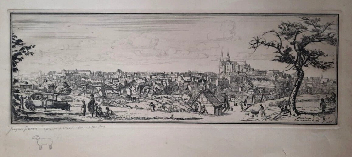 Jacques SIMON gravure originale panorama signée fêtes mariales 1927