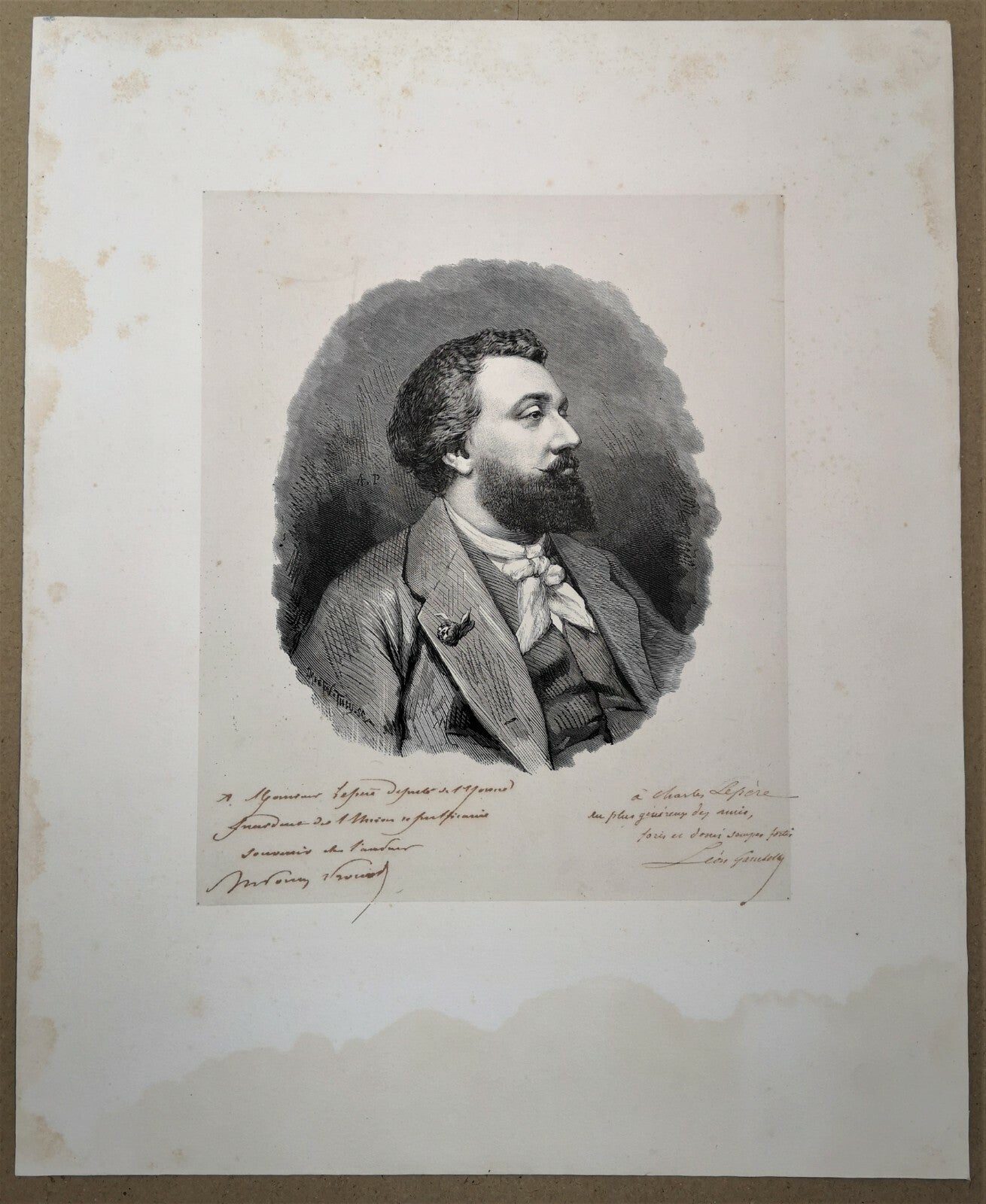 Gambetta portrait lithographie signée dédicacée Charles Lepère Yonne Auxerres