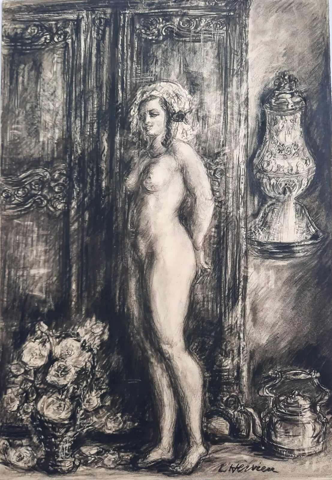 Louise HERVIEU dessin fusain crayon signé belle taille v. 1920