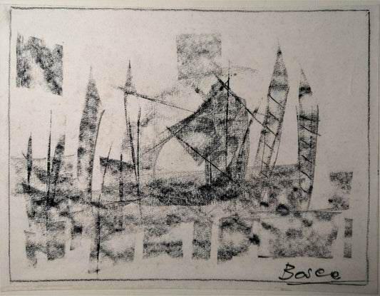 Pierre Bosco lithographie noir et blanc signée dans la planche marine bateaux