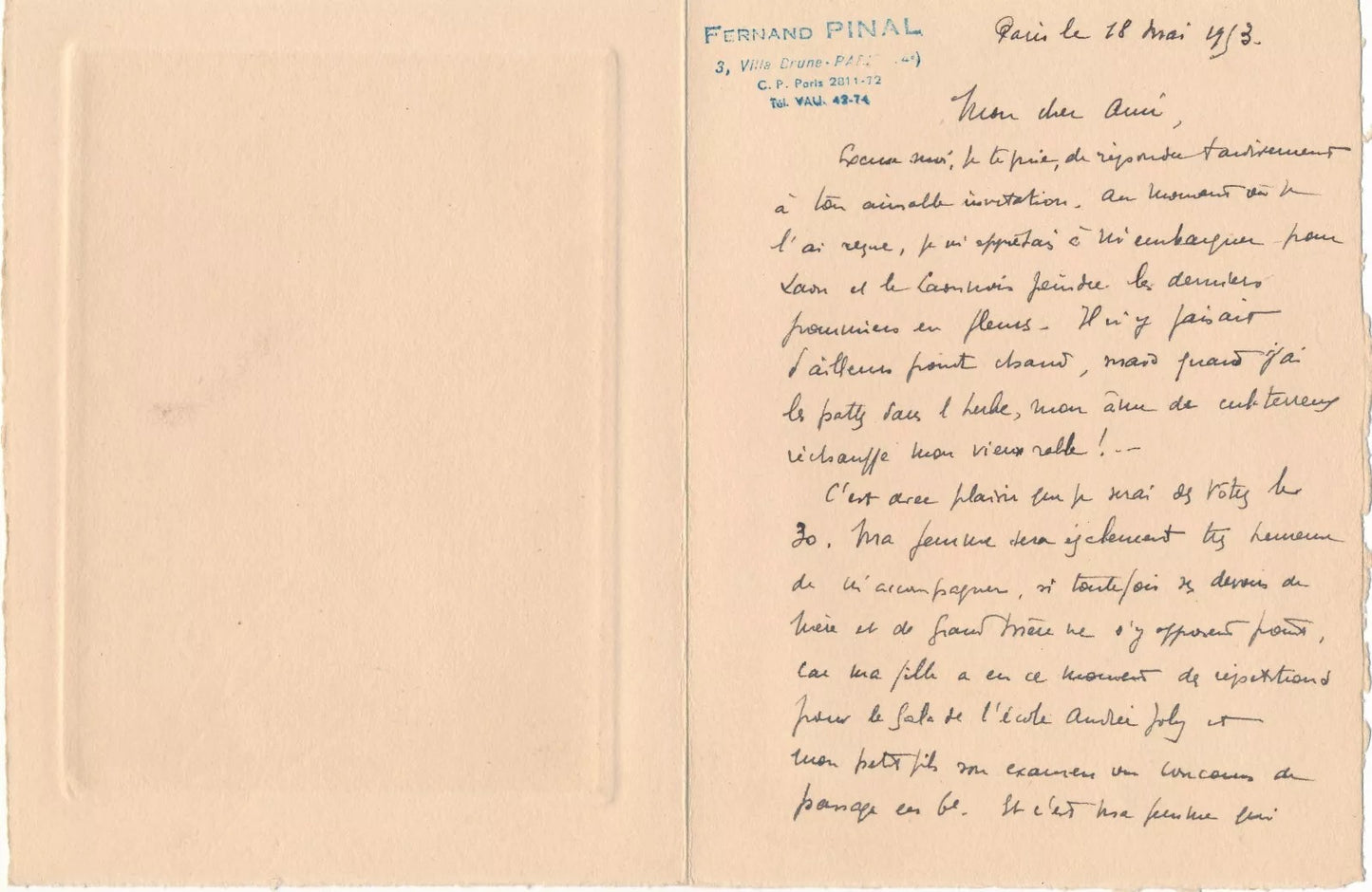 Fernand PINAL gravure porte de Laon et envoi autographe signé