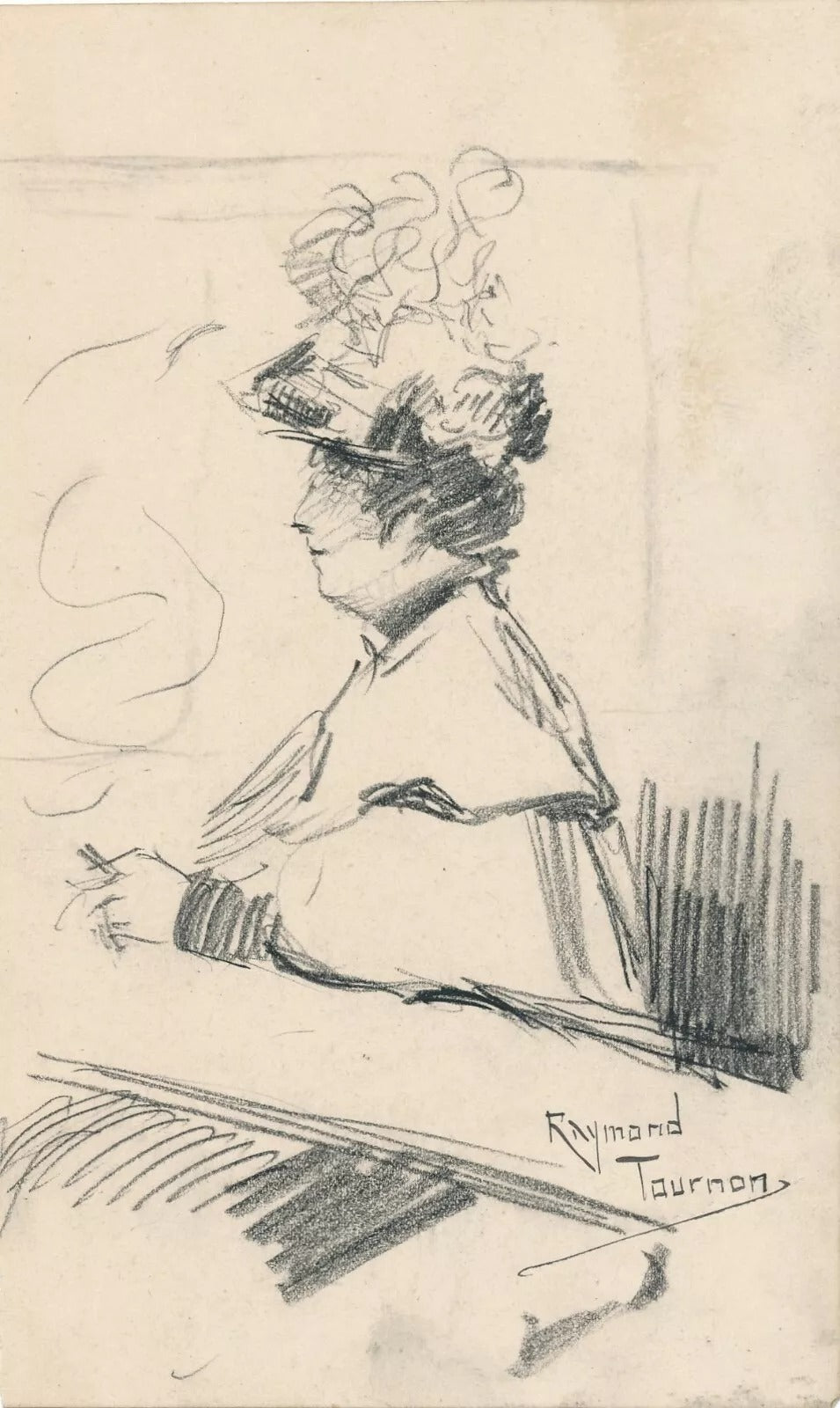 dessin signé fusain art femme cabaret fusain