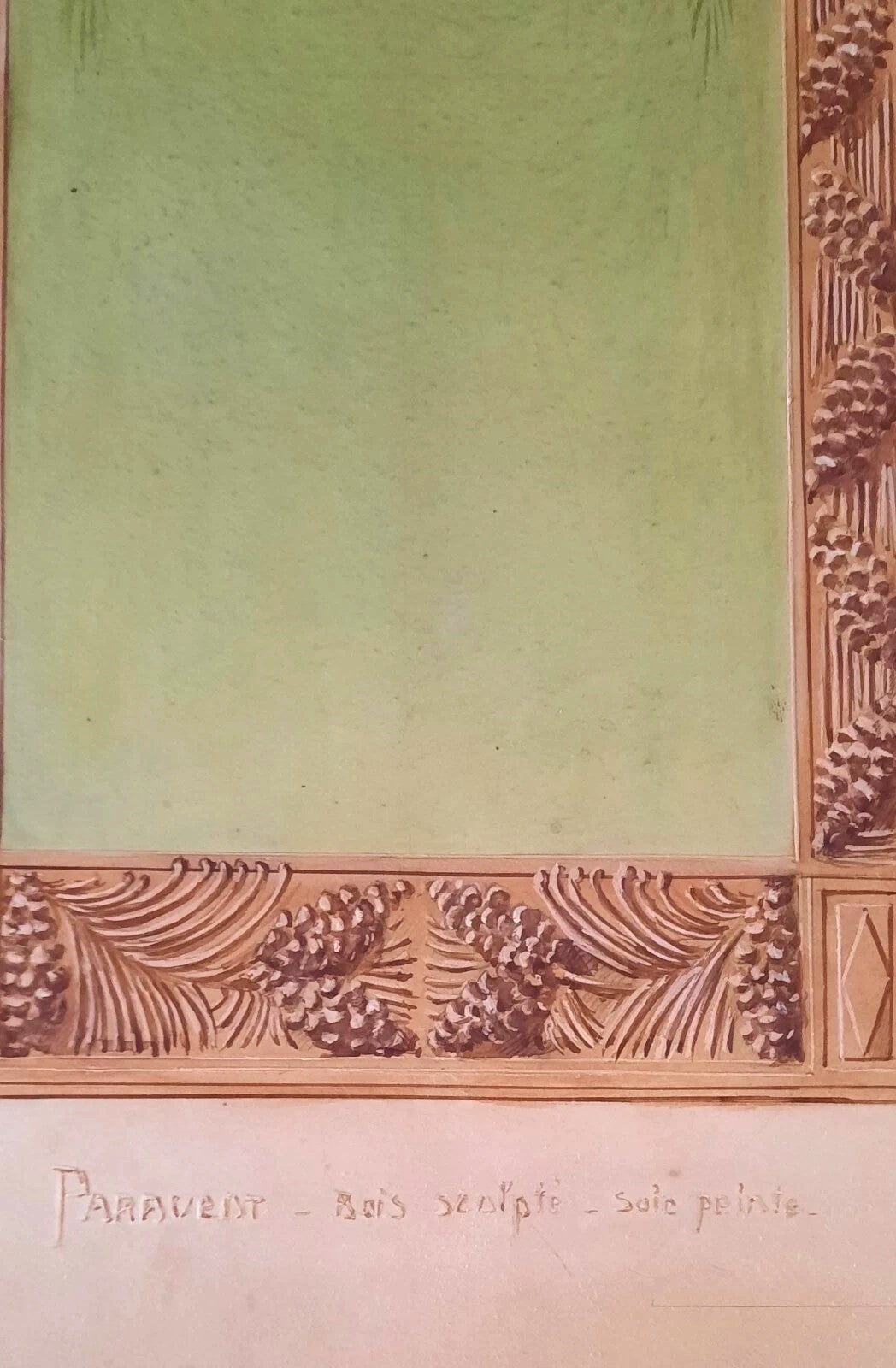 Dessin à la gouache pour un « Paravent – bois sculpté – soie peinte » signé « C. Rousseau ».