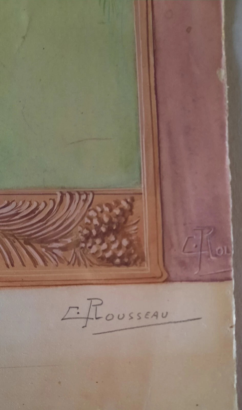 Dessin à la gouache pour un « Paravent – bois sculpté – soie peinte » signé « C. Rousseau ».