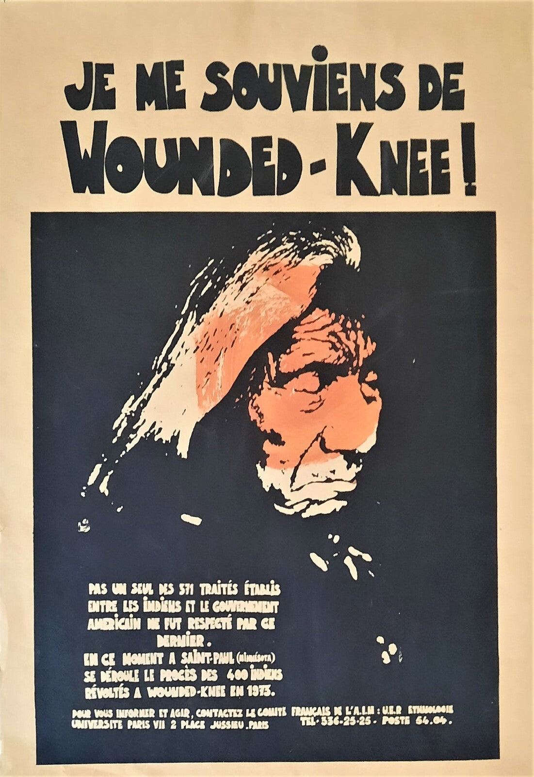 Indien  WOUNDED KNEE Indians serigraphie  Big Foot 1974  procès occupation