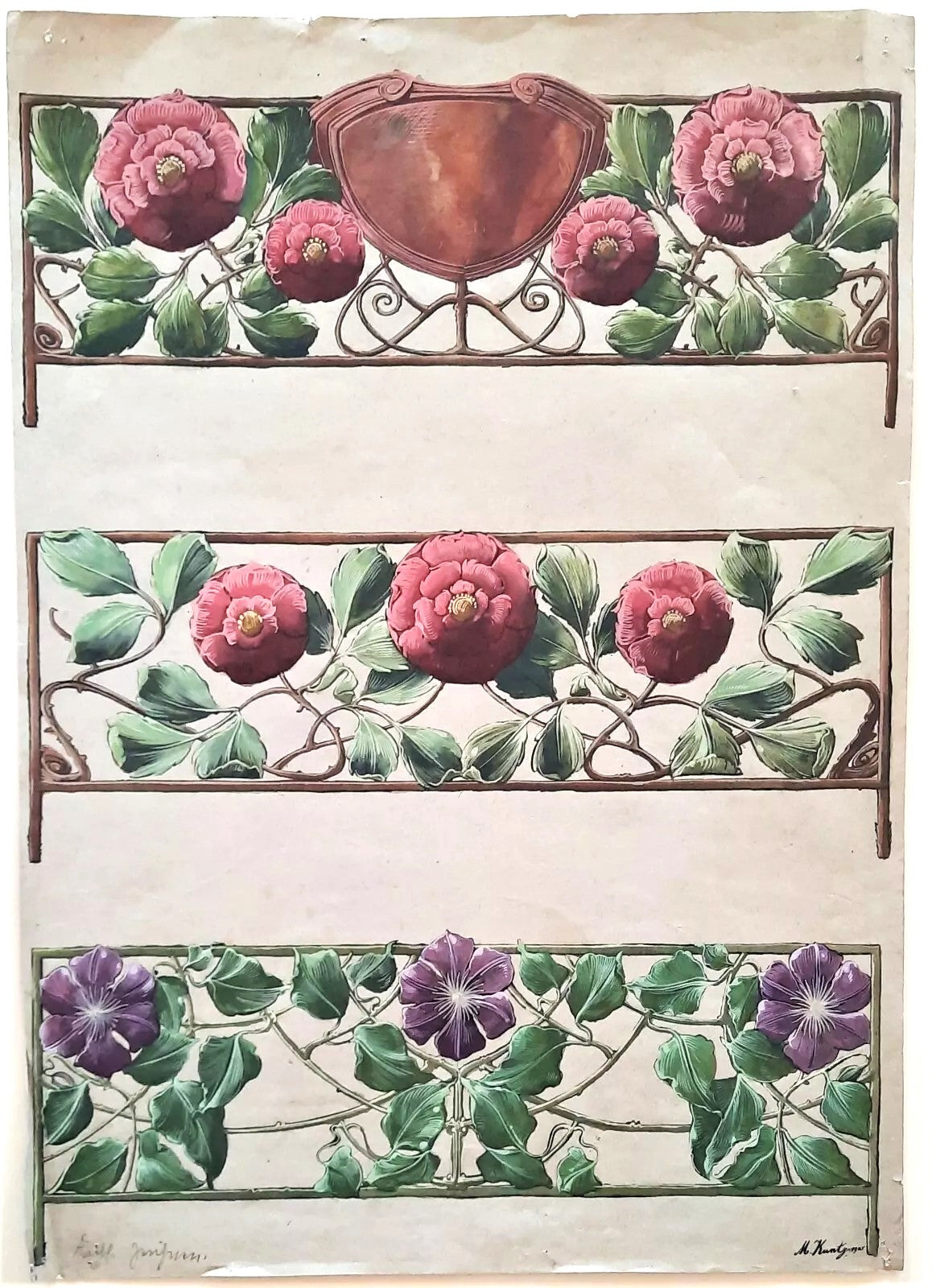 dessin décor floral art nouveau appliqué 1905 feuille signés balustrade gouache