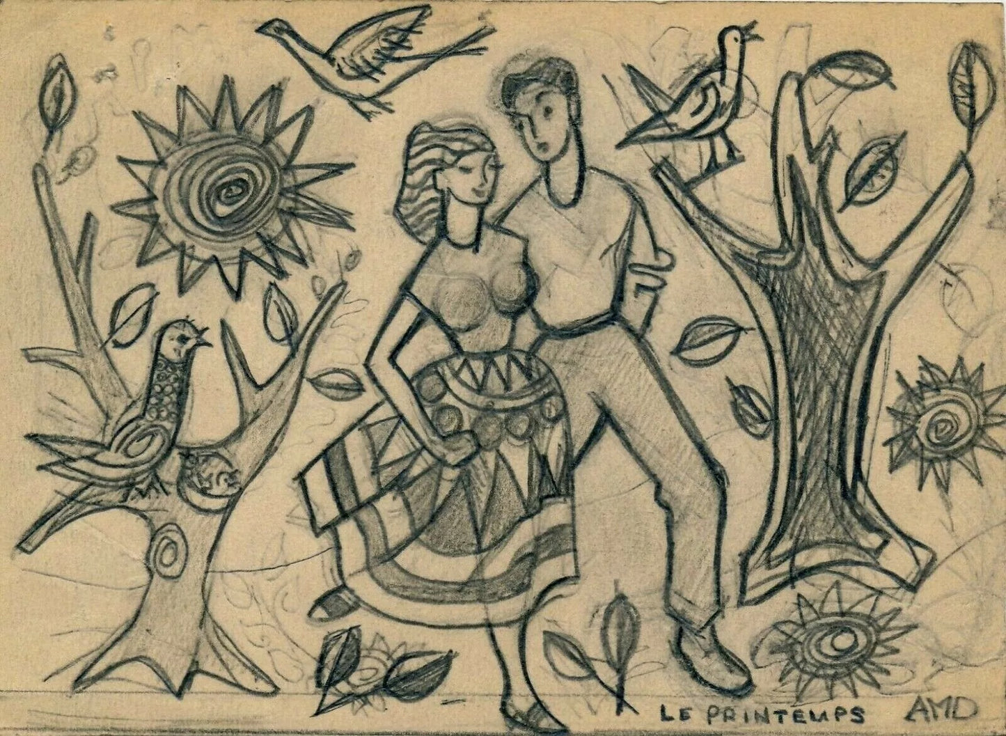 2 dessins charmants signés AMD crayon l'été le printemps stylisé figuratif