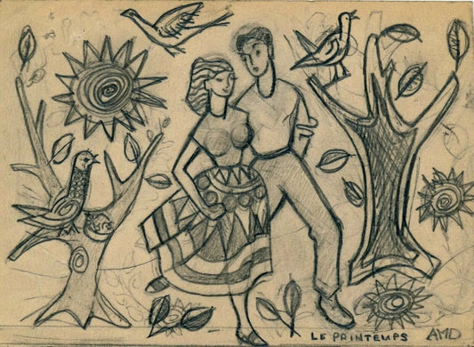 2 dessins charmants signés AMD crayon l'été le printemps stylisé figuratif