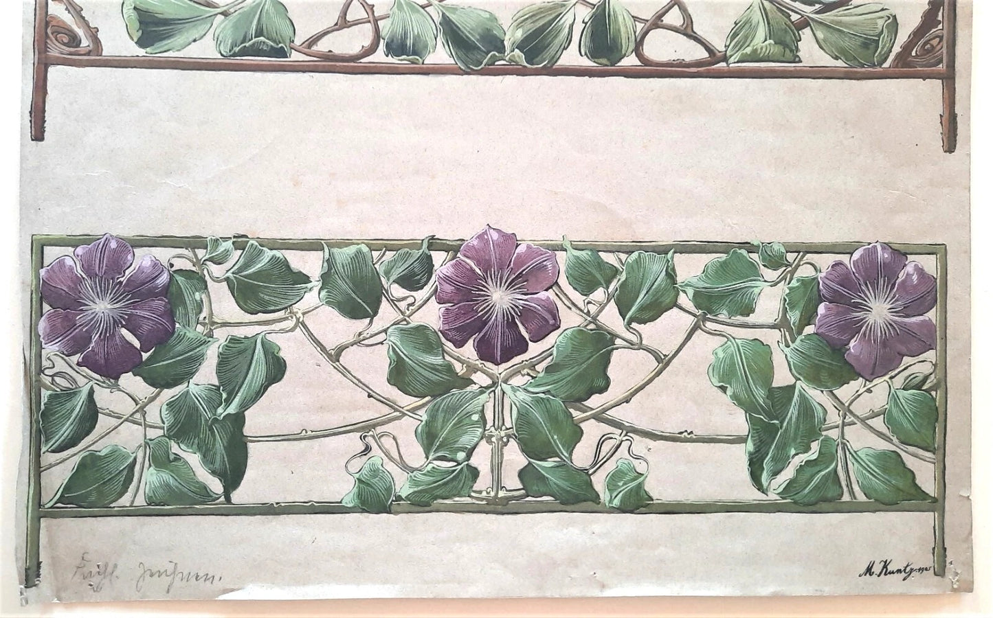 dessin décor floral art nouveau appliqué 1905 feuille signés balustrade gouache