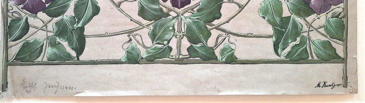 dessin décor floral art nouveau appliqué 1905 feuille signés balustrade gouache
