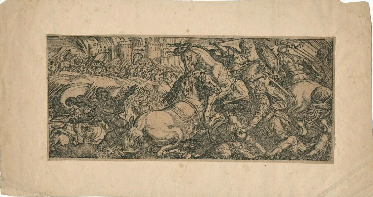 Antonio Tempesta gravure estampe bataille 2 chevaux s'attaquant XVIIe