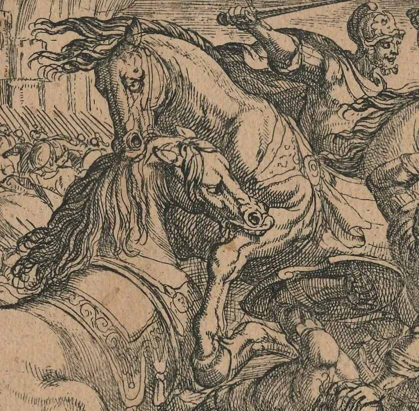 Antonio Tempesta gravure estampe bataille 2 chevaux s'attaquant XVIIe